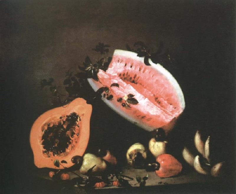 Mota, Jose de la still life of papaya,watermelon and cashew